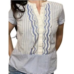 Karl Lagerfield Scalloped Lace Striped Blouse Blue & White Size L
